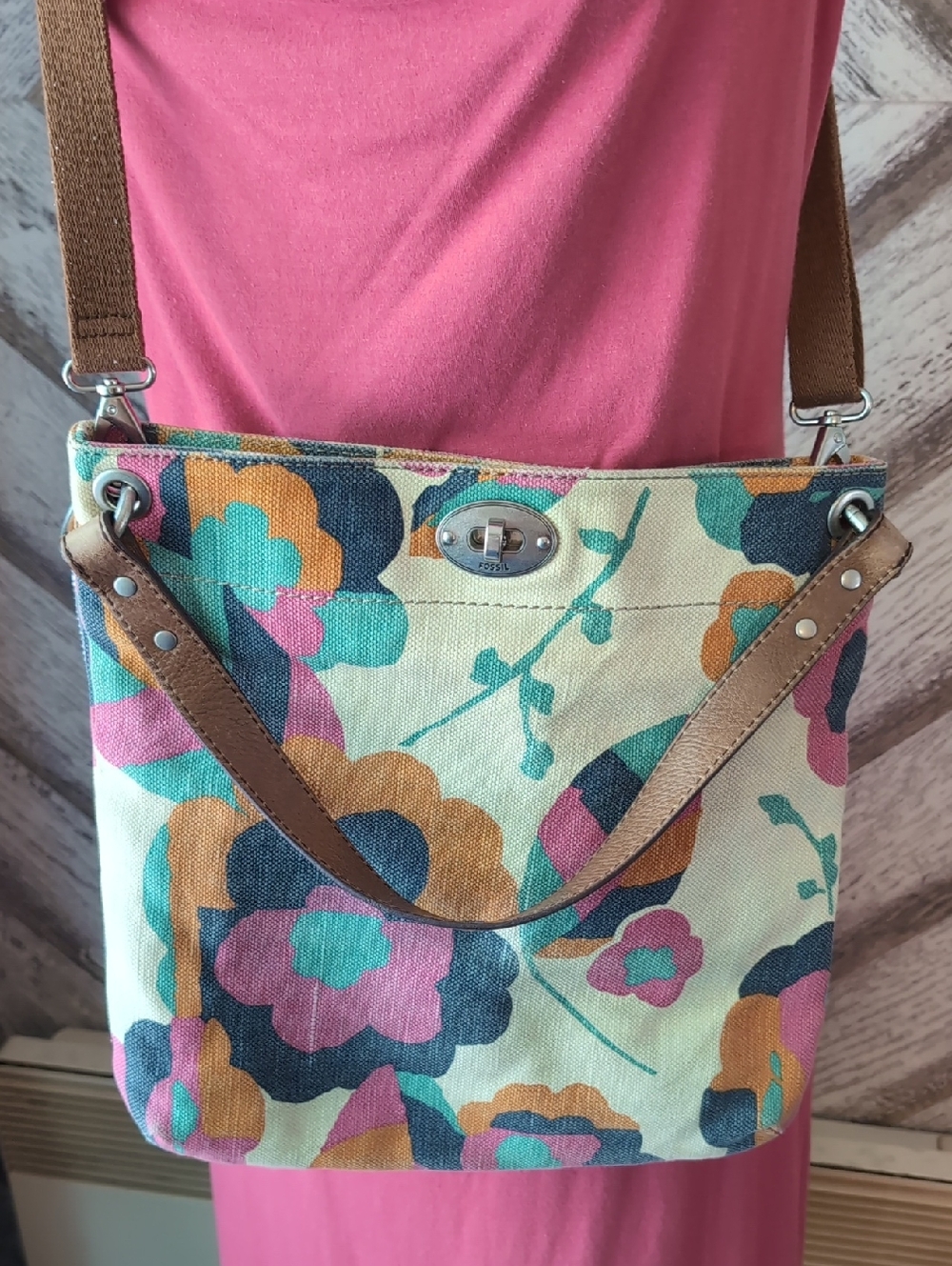 Floral Canvas Crossbody Bag with Brown Trim
